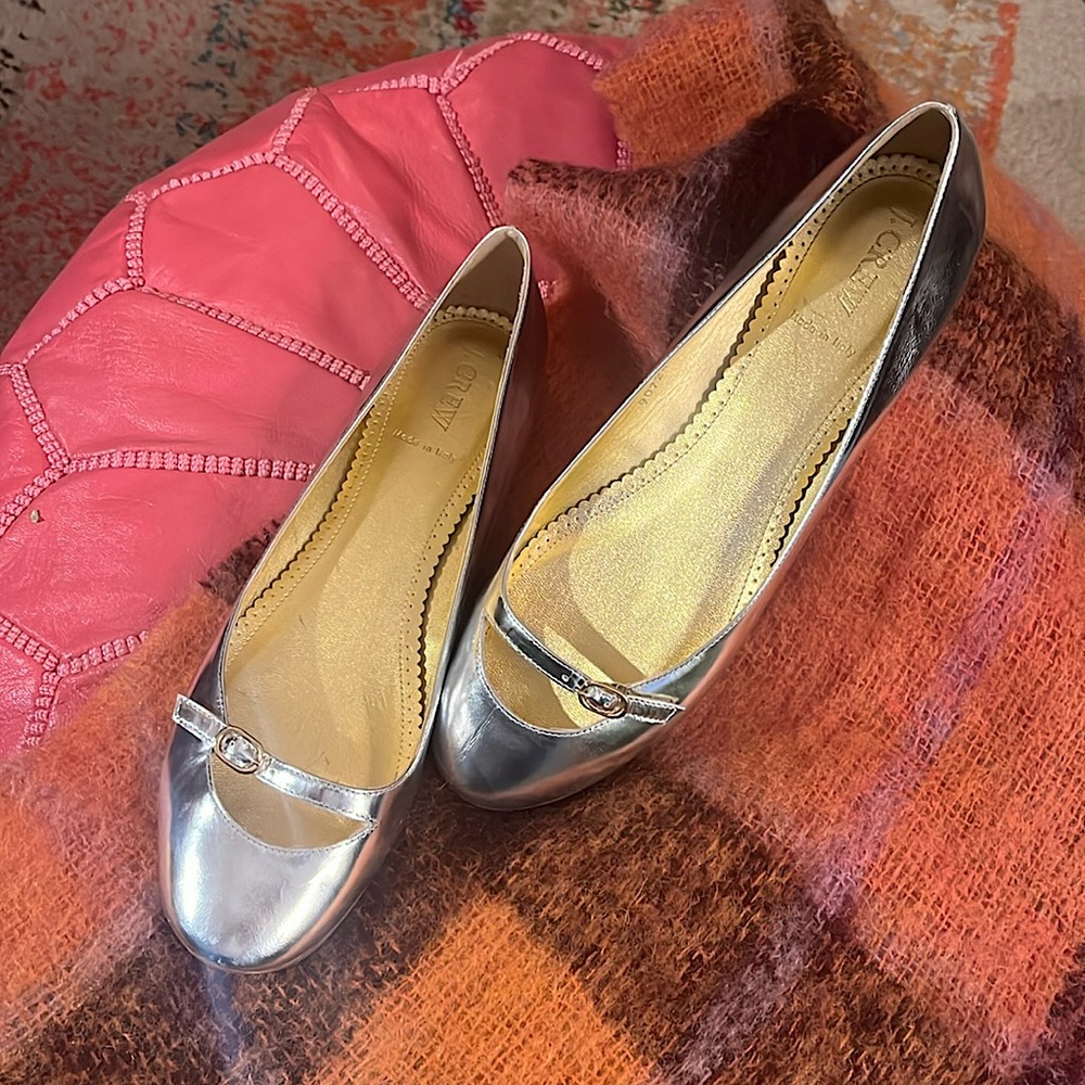 NEVER WORN J. Crew silver ballet flats. Size 10. Made in Italy.